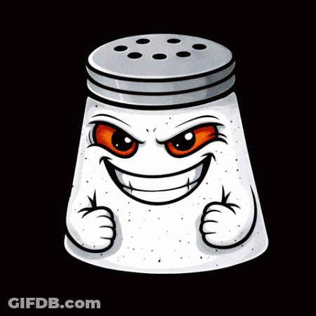 A Cartoon Salt Shaker With An Evil Face And The Words Hear Me Out Below It GIF