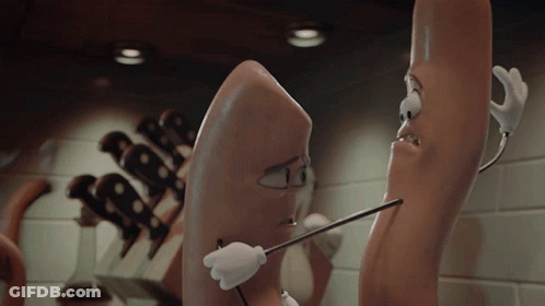 A Cartoon Sausage Is Holding A Knife To Its Mouth GIF