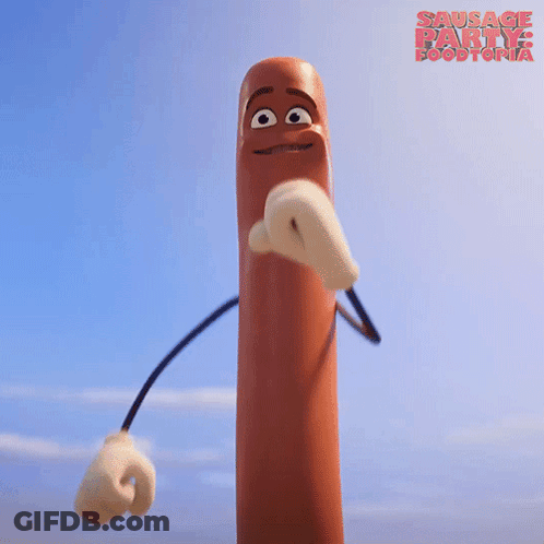 A Cartoon Sausage With A Face And Arms From The Movie Sausage Party GIF