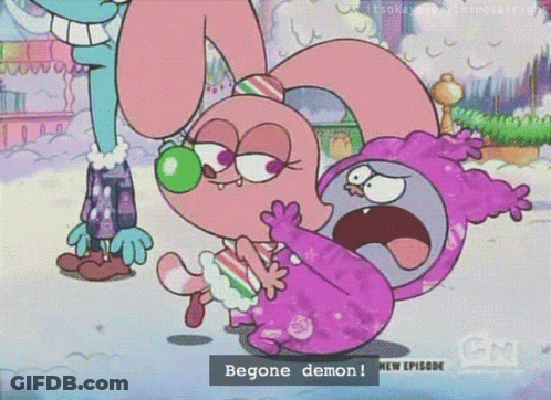 A Cartoon Says Begone Demon In The Upper Right Corner GIF