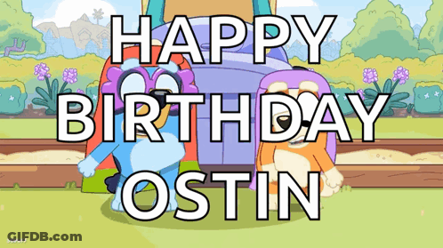 A Cartoon Says Happy Birthday Ostin With A Purple Train In The Background GIF
