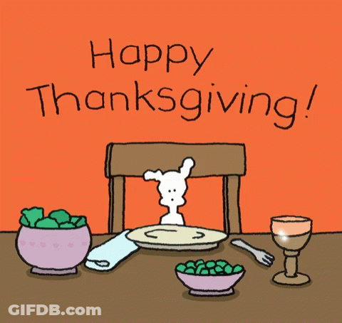 A Cartoon Says Happy Thanksgiving And Has A Sign That Says Pass The Bones On It GIF