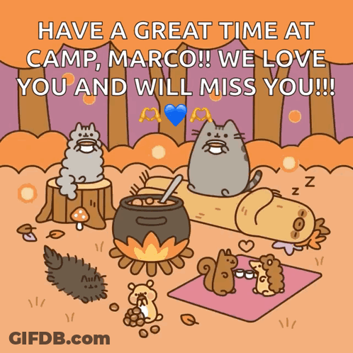 A Cartoon Says Have A Great Time At Camp Marco !! We Love You And Will Miss You !! GIF