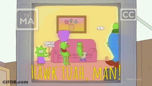 A Cartoon Says Hawk Tuah Man On The Screen GIF