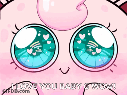 A Cartoon Says I Love You Baby G Wow On A Pink Background GIF