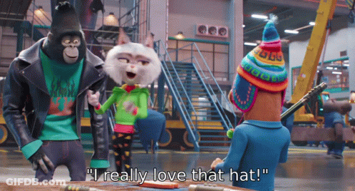A Cartoon Says " I Really Love That Hat " In A Warehouse GIF