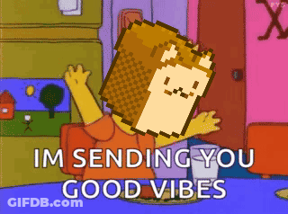 A Cartoon Says Im Sending You Good Vibes With A Pixelated Cat On His Head GIF