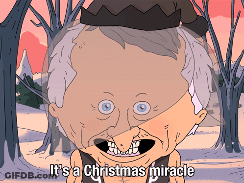 A Cartoon Says It 'S A Christmas Miracle With An Old Man In A Santa Hat GIF