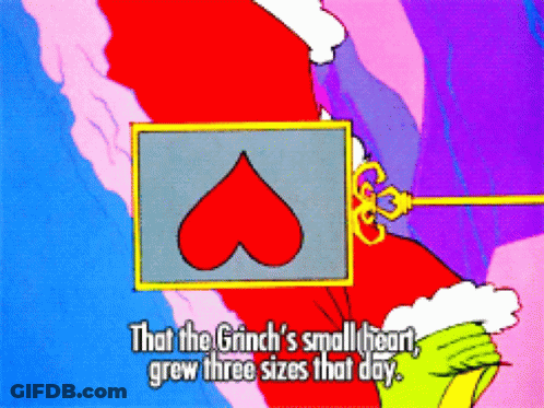 A Cartoon Says That The Grinch 'S Small Heart Grew 3 Sizes That Day GIF