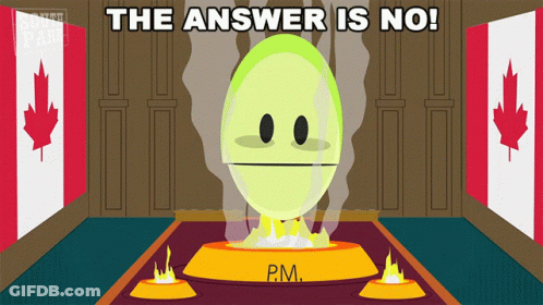 A Cartoon Says The Answer Is No With A Smiley Face On A Podium GIF