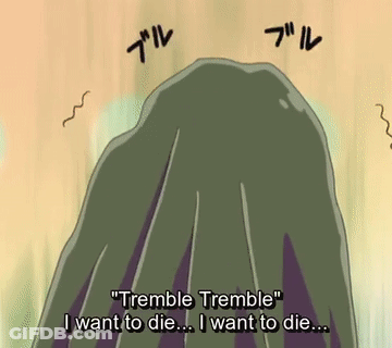 A Cartoon Says " Tremble Tremble " In Front Of A Mountain GIF