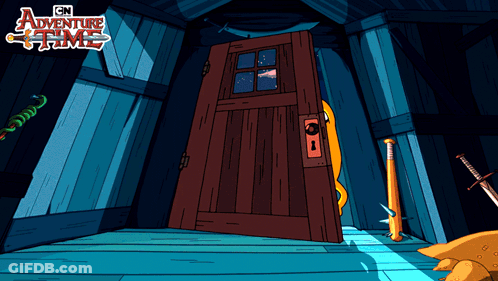 A Cartoon Scene From Adventure Time With A Door And A Bat GIF