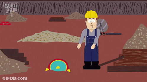 A Cartoon Scene From South Park Shows A Construction Worker And A Chicken Wing Character GIF