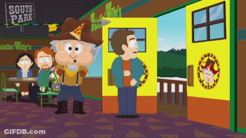 A Cartoon Scene From South Park Shows A Man Standing In Front Of A Yellow Door GIF