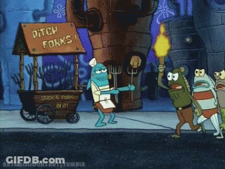 A Cartoon Scene From Spongebob Squarepants Shows Pitch Forks GIF