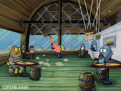 A Cartoon Scene From Spongebob Squarepants With A Sign That Says Crabby Crab GIF