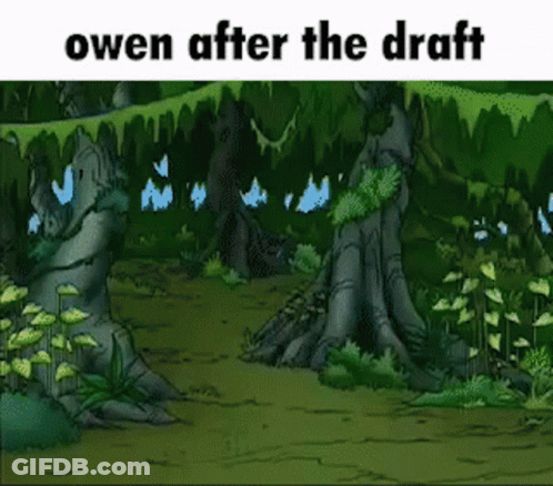 A Cartoon Scene Of A Forest With Trees And Plants And The Words `` Owen After The Draft '' . GIF