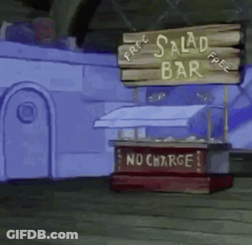 A Cartoon Scene Of A Free Salad Bar With A No Charge Sign GIF