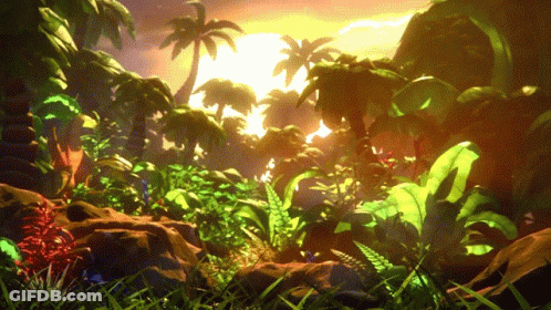 A Cartoon Scene Of A Jungle With Palm Trees And Rocks GIF