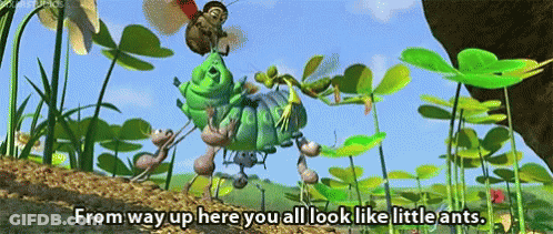 A Cartoon Scene Of Ants And A Bee With The Words From Way Up Here You All Look Like Little Ants GIF