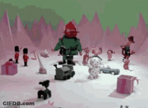 A Cartoon Scene Of Santa Claus Surrounded By Toys GIF