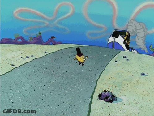 A Cartoon Scene Of Spongebob And Squidward Running From A Bus GIF