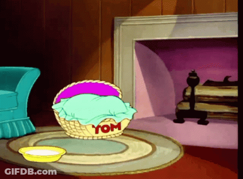 A Cartoon Scene With A Basket That Says Tom GIF