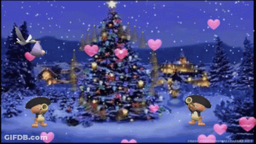 A Cartoon Scene With A Christmas Tree And Hearts In The Background GIF