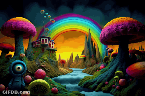 A Cartoon Scene With A House And A Rainbow GIF