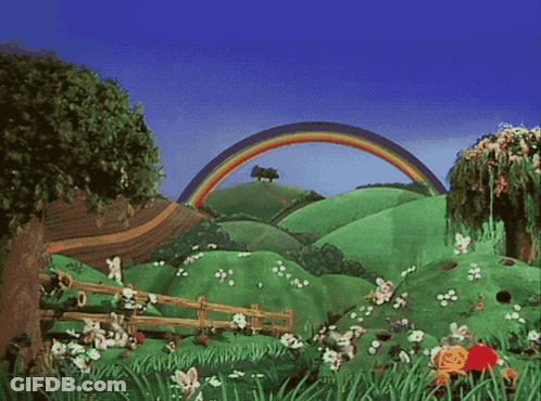 A Cartoon Scene With A Rainbow In The Sky GIF