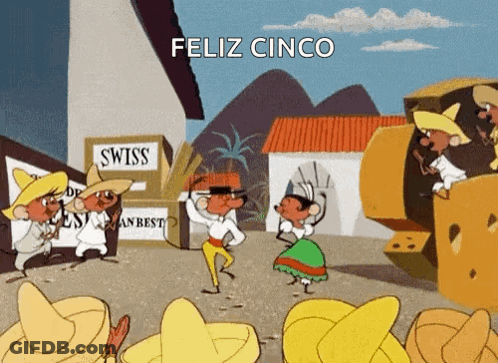 A Cartoon Scene With A Sign That Says Feliz Cinco GIF