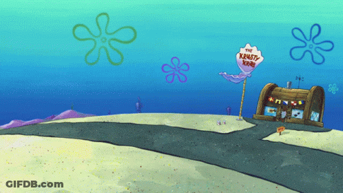 A Cartoon Scene With A Sign That Says The Krabby Krabs GIF