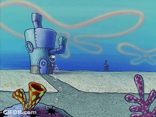 A Cartoon Scene With A Spongebob Character Standing In Front Of A Building GIF