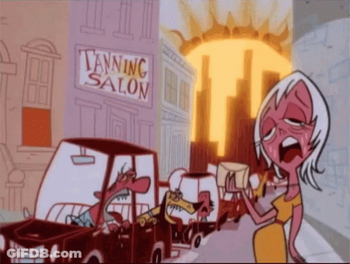 A Cartoon Scene With A Tanning Salon On The Corner GIF