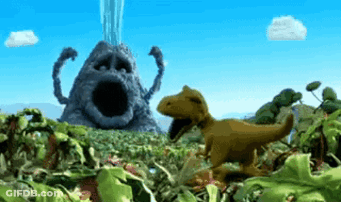 A Cartoon Scene With A Volcano And A Dinosaur GIF