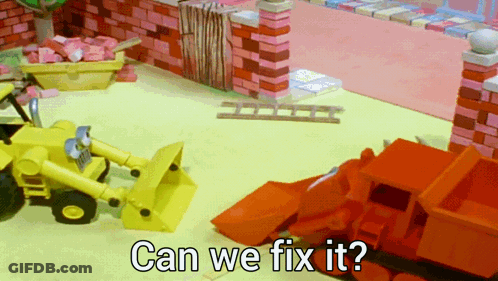 A Cartoon Scene With A Yellow Bulldozer And A Red Dump Truck With The Words Can We Fix It GIF