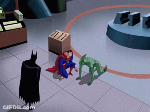 A Cartoon Scene With Batman Superman And A Green Superhero GIF