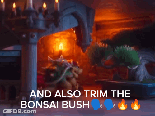 A Cartoon Scene With The Words And Also Trim The Bonsai Bush Below It GIF