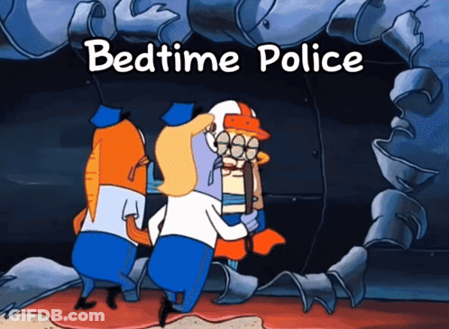A Cartoon Scene With The Words Bedtime Police Written Above It GIF