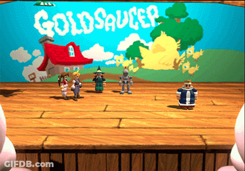A Cartoon Scene With The Words Goldsaucer On The Wall GIF