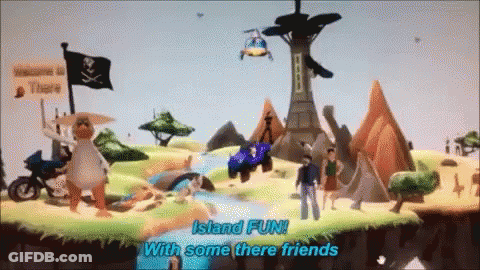 A Cartoon Scene With The Words Island Fun With Some There Friends At The Bottom GIF