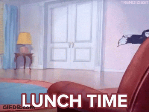 A Cartoon Scene With The Words Lunch Time Written On It GIF