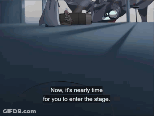A Cartoon Scene With The Words Now It 'S Nearly Time For You To Enter The Stage On The Bottom GIF