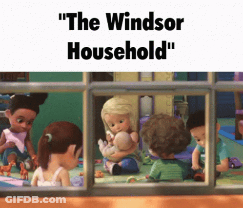 A Cartoon Scene With The Words " The Windsor Household " On Top GIF
