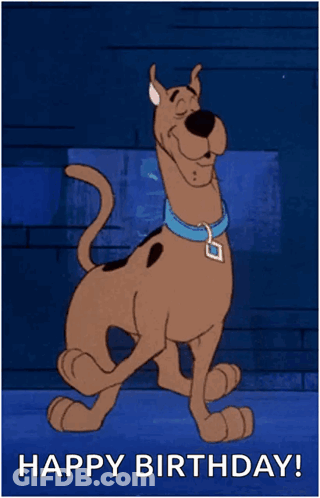 A Cartoon Scooby Doo Says Happy Birthday On A Blue Background GIF