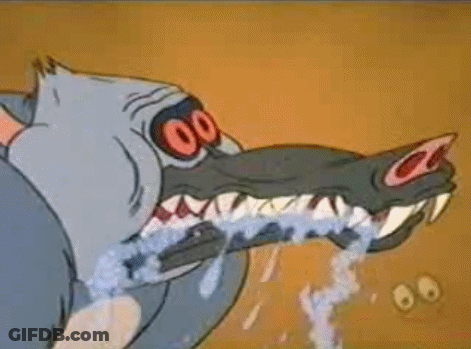 A Cartoon Shark Is Eating Something With Its Mouth Open And Water Is Coming Out Of It 'S Mouth . GIF