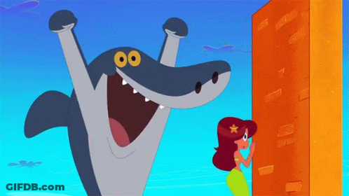 A Cartoon Shark Is Standing Next To A Mermaid GIF