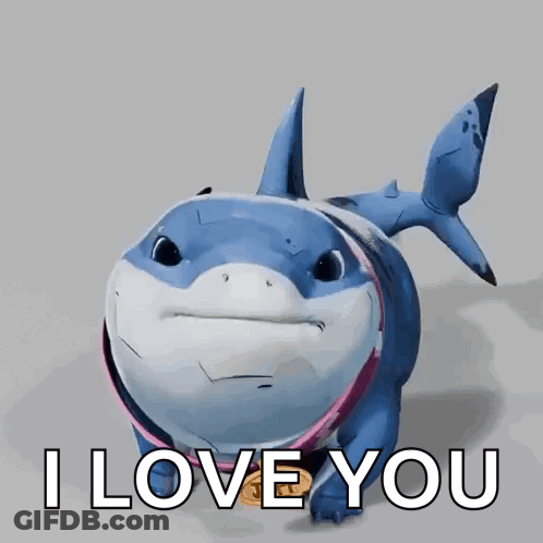A Cartoon Shark Says I Love You In Front Of A Gray Background GIF