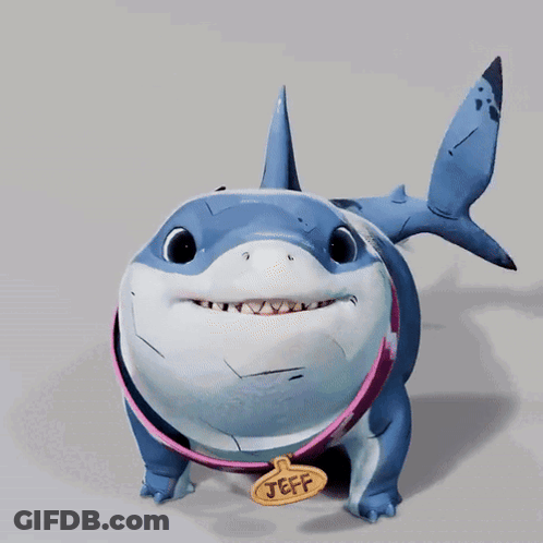 A Cartoon Shark With A Name Tag That Says Jeff On It GIF