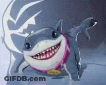 A Cartoon Shark With A Pink Scarf Around Its Neck Is Smiling . GIF